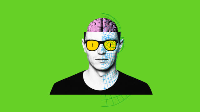 Photo illustration of a man wearing glasses with warning signs in the lenses, his brain exposed, and an overlay of face-mapping