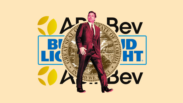 A photo illustration of Florida Governor Ron DeSantis with a background of AB InBev, Bud Light logo, and Florida state seal.