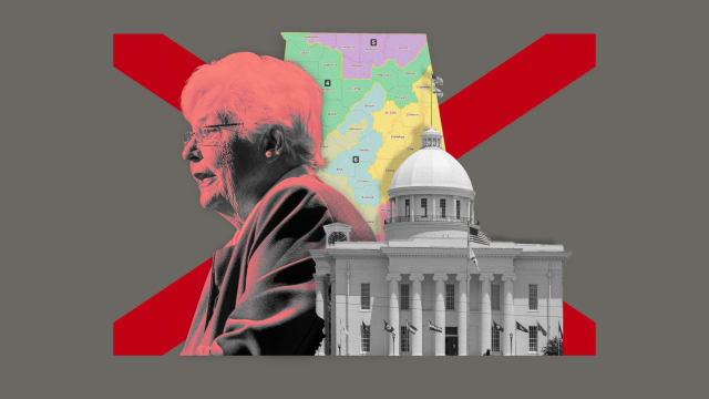 A photo illustration of Alabama congressional election map, Governor Kay Ivey, and the Alabama state capitol building.