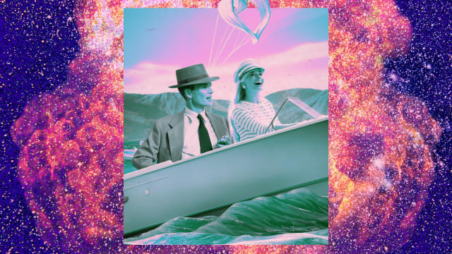 A photo illustration of Cillian Murphy from Oppenheimer and Margot Robbie from Barbie riding in a boat together.