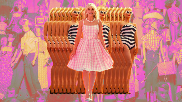 A photo illustration of Barbie dolls and film stills from the Barbie movie starring Margot Robbie.