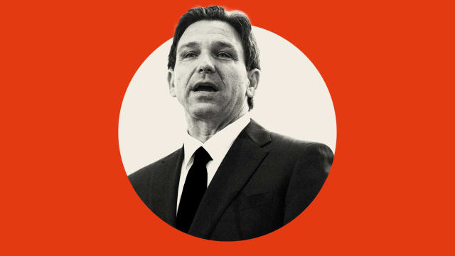 Photo illustration of Governor Ron DeSantis (R-FL) in a white circle centered on a red background.