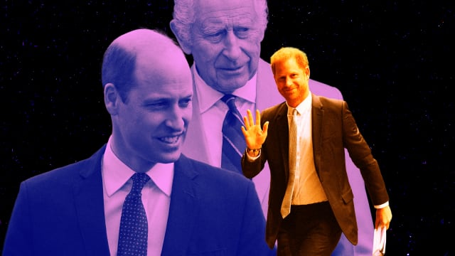 A photo illustration of King Charles, Prince William, and Prince Harry.