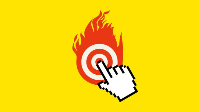 Illustration of a computer hand cursor on a red and white target set aflame.