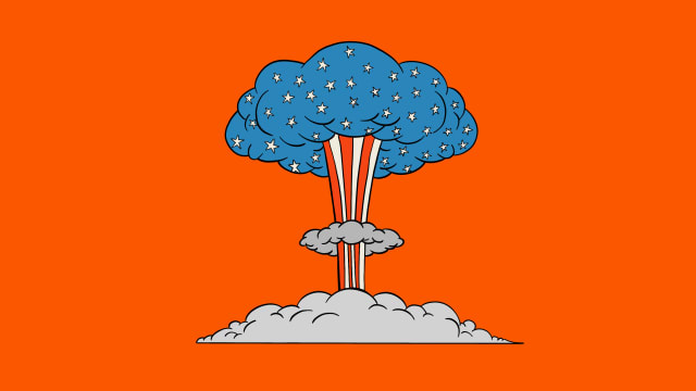 Illustration of a nuclear mushroom cloud with American flag pattern