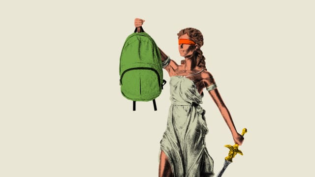 Photo illustration of Lady Justice holding a backpack