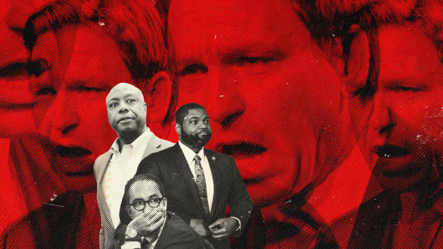 A photo illustration featuring Tim Scott, Byron Donalds and Will Hurd surrounded by Ron DeSantis