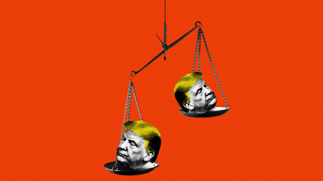 An illustration including photos of Trump and an Imbalanced Weight Scale