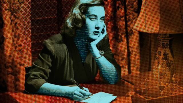 A photo illustration of a woman covered in computer code writing on paper.