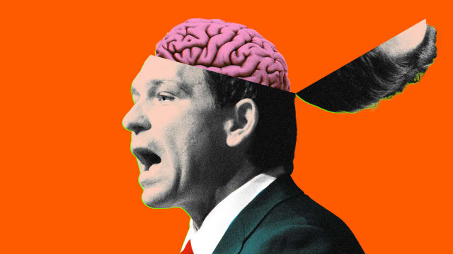 Photo illustration of Governor Ron DeSantis (R-FL) with his head open and a pink brain collaged behind him.