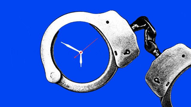 A gif of a pair of handcuffs with a clock ticking inside of them