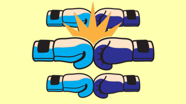 A photo illustration of light and dark blue boxing gloves hitting each other.