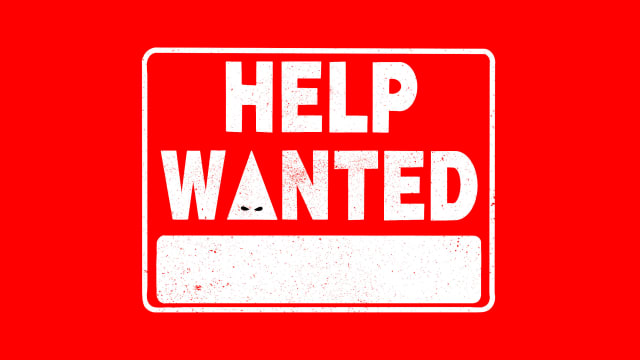 Illustration of a “help wanted” sign with a KKK hood in place of the A.