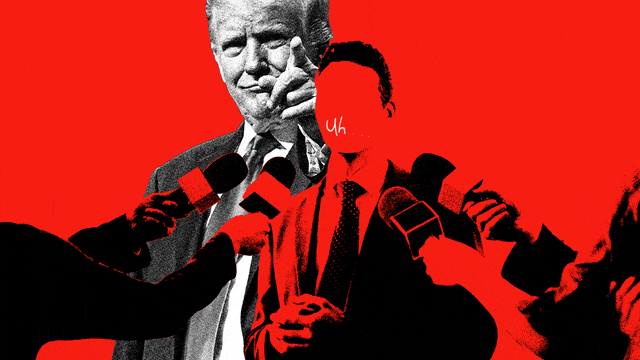 A photo illustration of Donald Trump with a stylized politician with mumblings going over his mouth