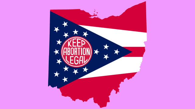 A photo illustration of the map of Ohio and Ohio state flag with a Keep Abortion Legal sign superimposed.