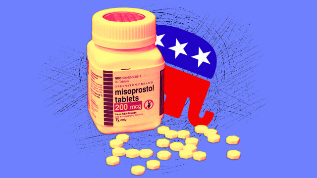 A photo illustration of Misoprostol pill bottle and the GOP logo on a blue background.