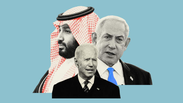 Photo illustration of Mohammed Bin Salman of Saudi Arabia, Bibi Netanyahu of Israel, and Joe Biden of the USA on a blue background.