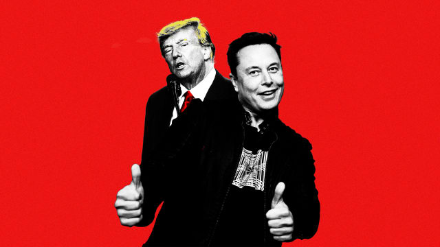 An illustration including Former US President Donald Trump and X CEO Elon Musk