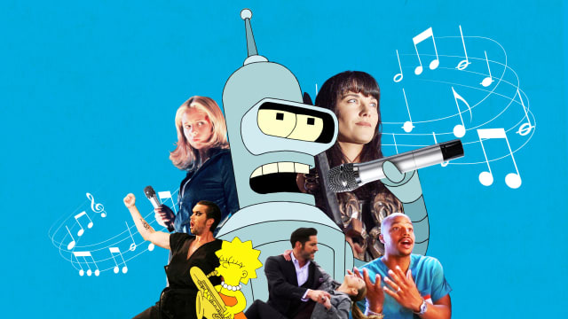 A photo illustration of characters from Buffy the Vampire Slayer, Futurama, Xena, The Simpsons, Scrubs, and Lucifer from their musical episodes