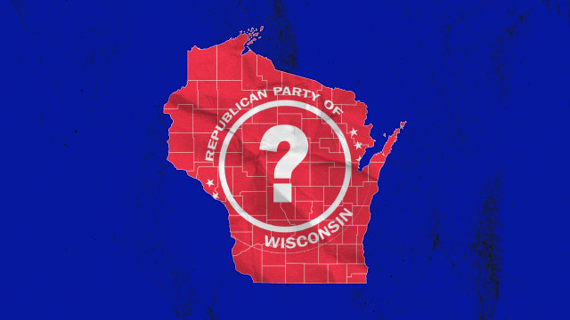 A photo illustration a map of Wisconsin with the Republican Party of Wisconsin logo and question mark.