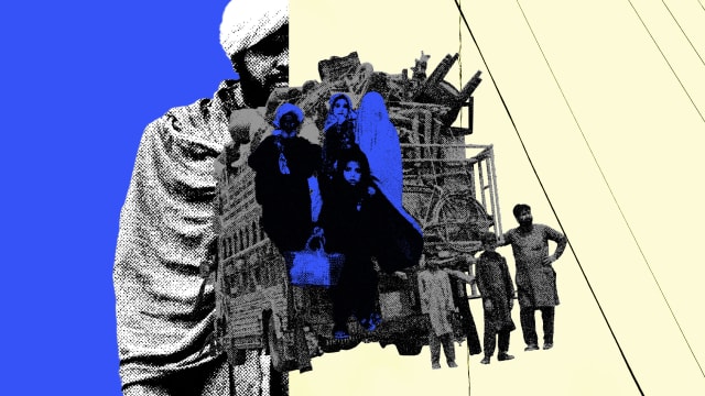 A photo illustration that shows a composite of Afghans crossing the border in blue and black