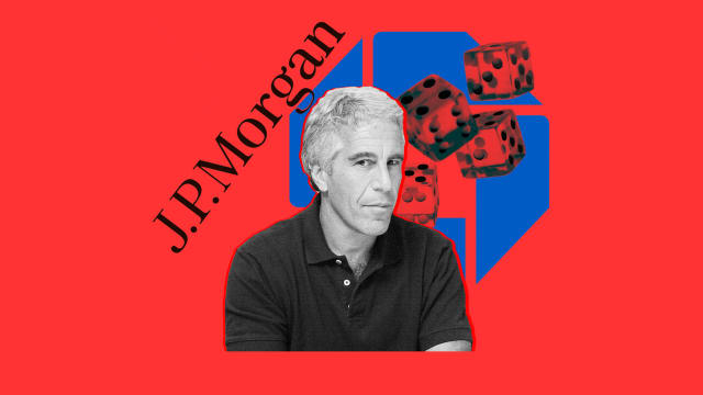A photo illustration of Jeffrey Epstein and JPMorgan Chase logos.