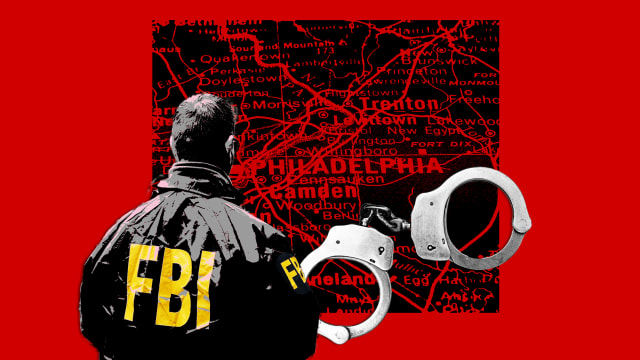 A photo illustration of a the map of Philadelphia, an FBI agent, and handcuffs.