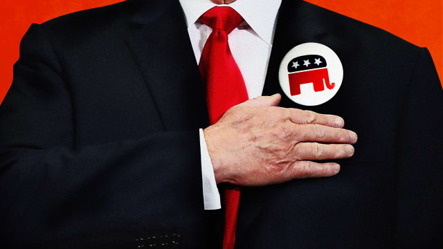 A photo illustration showing a person with their hand on their chest for a pledge of allegiance next to a Republican pin.
