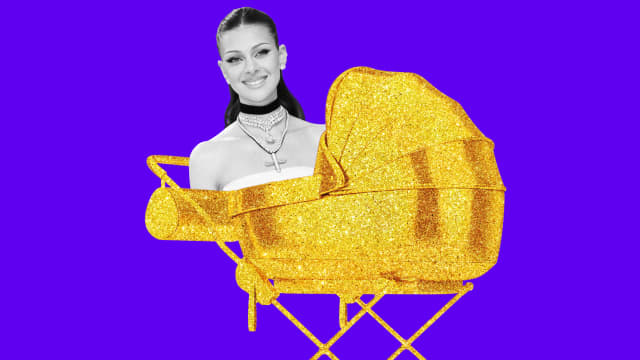A photo illustration of Nicola Peltz in a golden stroller.
