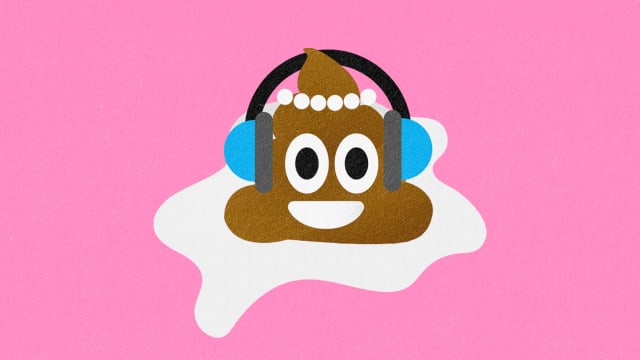 An illustration of a poop emoji wearing a wedding veil and headphones