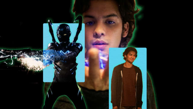 A photo illustration of Blue Beetle in the 2023 film, The Blue Beetle.