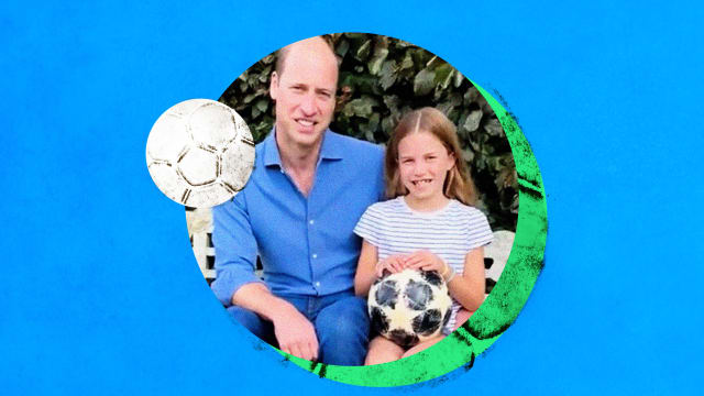 A photo illustration showing Prince William and Princess Charlotte with soccer balls.