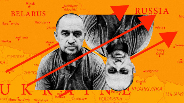 A photo illustration showing a map of Russia and Ukraine with a portrait of Photo Illustration by Erin O'Flynn/The Daily Beast/Getty Images and Alexander Teploukhov, a former Russian prisoner and soldier.