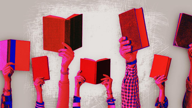 A photo illustration of people raising up books in the air.
