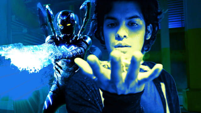 A photo illustration showing Jaime Reyes as himself and the Blue Beetle in the 2023 film The Blue Beetle.