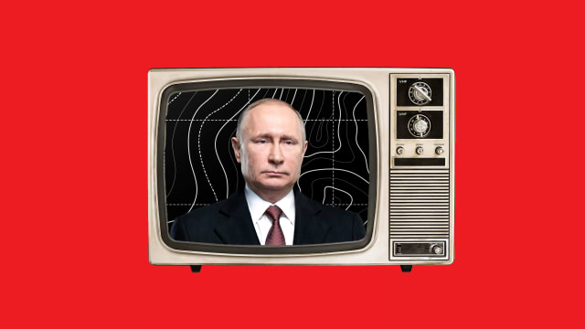 A photo illustration shows Vladamir Putin on TV on a red background