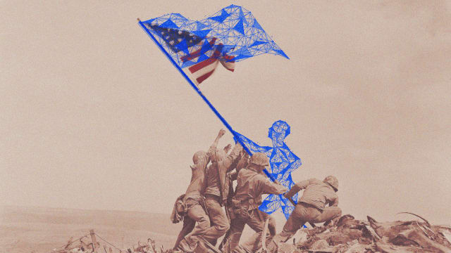 A photo illustration showing an AI human holding a flag in the famous photograph, “Raising the Flag on Iwo Jima”, where American soldiers holding the United States flag during The Battle of Iowa Jima.