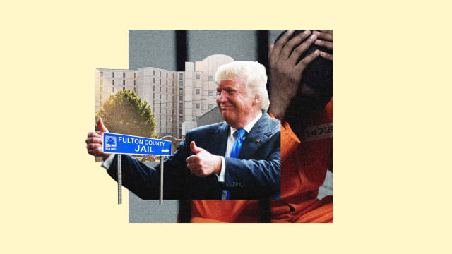 A photo collage that shows Donald Trump in front of the Fulton County jail overlaying a picture of a black inmate in a jail