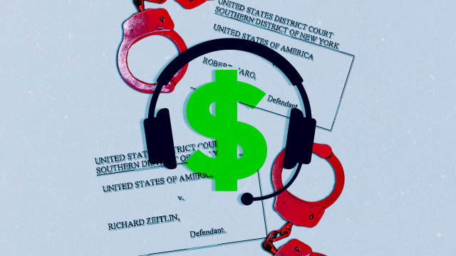 A photo illustration of a telemarketer headset, dollar sign, handcuffs, and court documents.