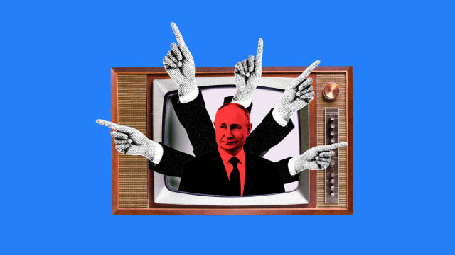 A photo illustration shows Vladimir Putin inside a TV with arms pointing different directions away from him.