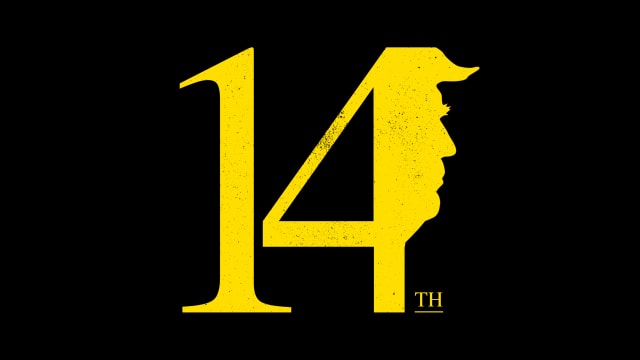 Illustration of the number 14 with Donald Trump’s silhouetted profile coming out of the 14.
