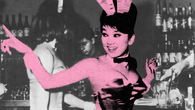 A photo illustration of Chialing Young Kim working in the Playboy Club
