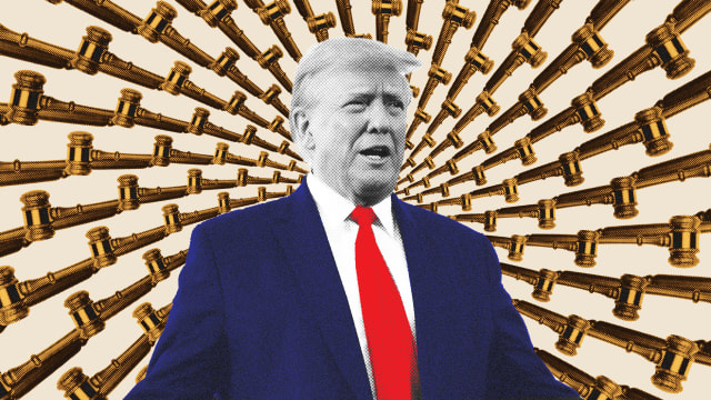 A photo illustration of Donald Trump with a spiral of gavels spinning out behind him