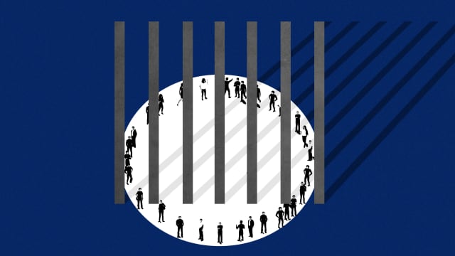 A photo illustration showing people walking in a circle around prison bars.