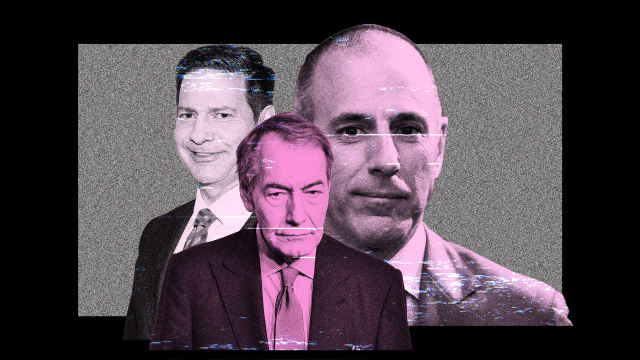 Photo illustration of Mark Halperin, Matt Lauer, and Charlie Rose in pink on a black background with static.