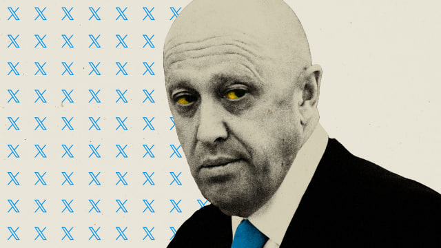 Photo illustration of Yevgeny Prigozhin with yellow eyes and the X/Twitter symbol tiled to his left.