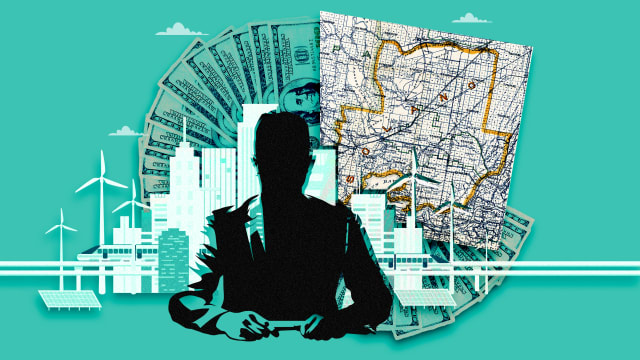 An illustration of a businessman silhouette, futuristic skyline, money, and map of Solano County, California.