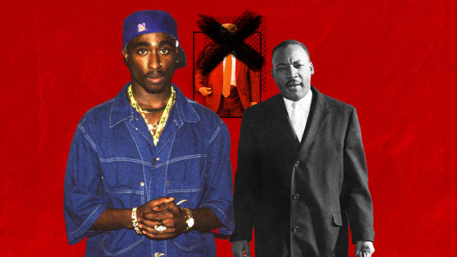 A photo illustration of Tupac, MLK, and obscured former President Donald Trump.