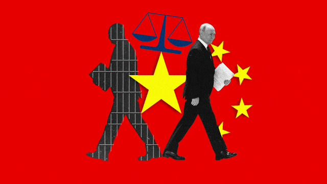 A photo animation of Russian President Putin with the Chinese flag and ICC court justice scales in the background.