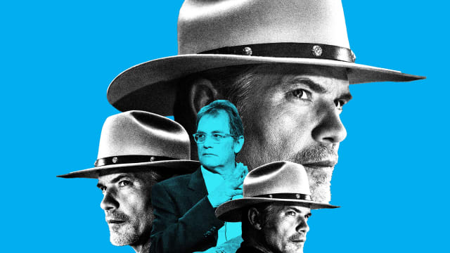 A photo illustration of Justified showrunner Michael Dinner amongst pictures of Timothy Olyphant as Raylan Givens
